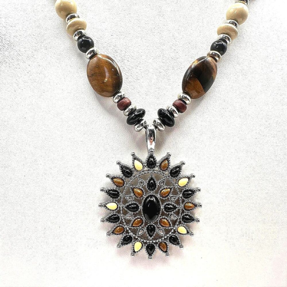 Southwestern Tiger's Eye Pendant Necklace Silver Tone Sunburst Medallion Beaded